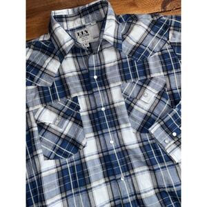 Ely Cattleman Shirt Men's Large Tall LT Blue Plaid Pearl Snap Western Cowboy LS